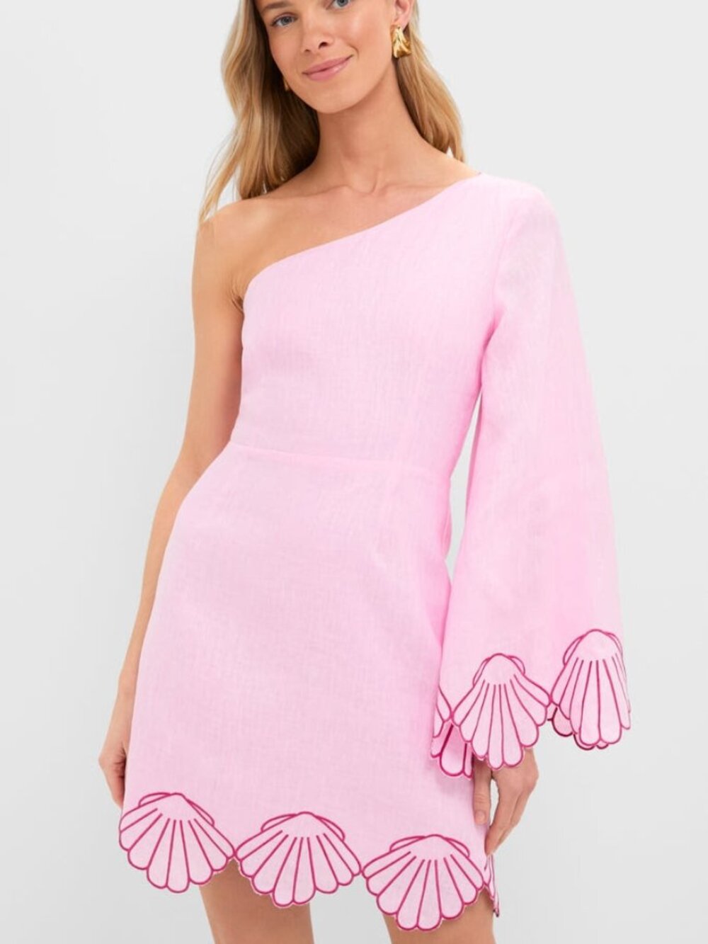 One-Shoulder Pink Scallop Hem Mini Dress